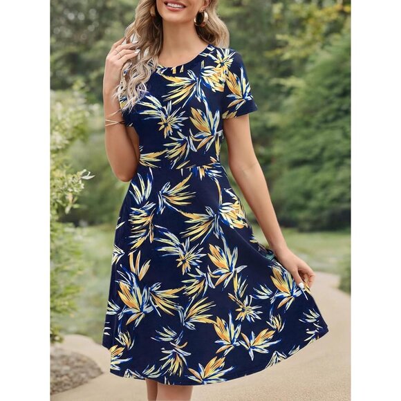 Women's Blue Floral Elegant Knee Length Vintage A-Line Swing Dress with Pockets - Picture 6 of 6